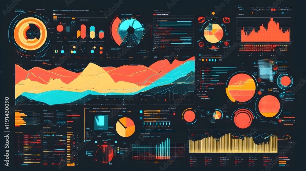 Poster vibrant data visualization dashboard showcasing various metrics and graphics.