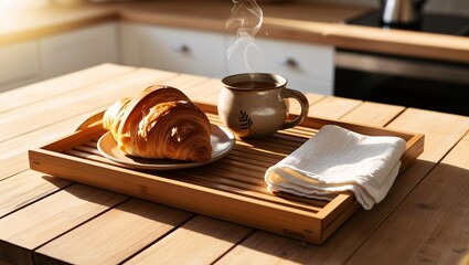 A dish towel, fresh croissant, and ceramic cups of tea arranged on a bamboo tray on a wooden tabletop, with sunlight streaming in, creating a cozy breakfast scene in a kitchen interior.

