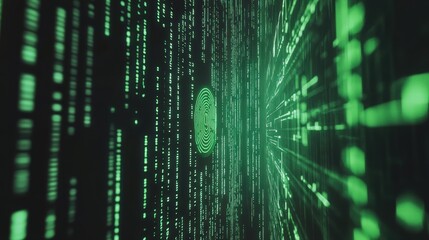 Futuristic fingerprint scanner with green data streams background