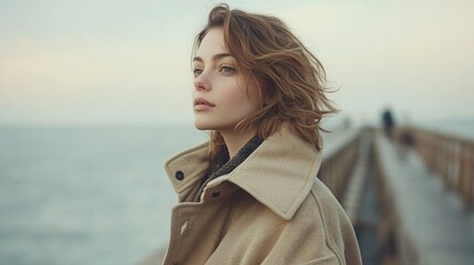 Contemplative figure gazing at distant horizon, soft waves enhan