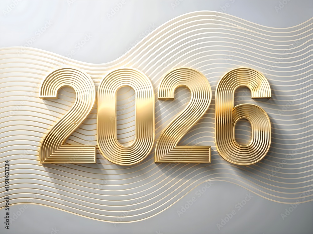 Fototapete golden 2026 text with elegant wave pattern on a silver background