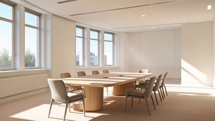 An empty meeting room in an office, featuring a clean, spacious setting with modern furnishings.

