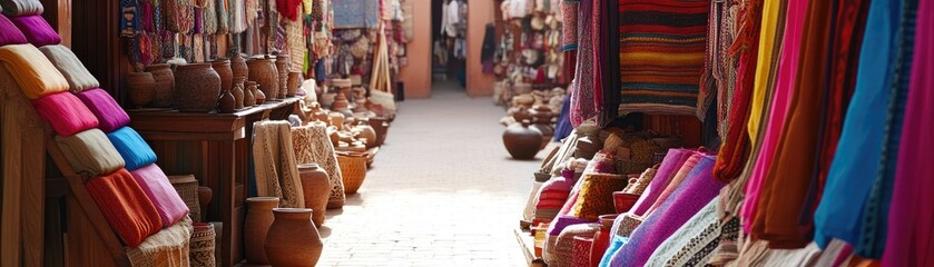 Colorful textiles & pottery at Moroccan market. Sunny day, vibrant fabrics. Tourism