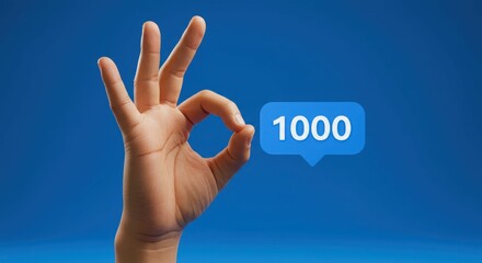 Hand gesture for approval with 1000 likes notification on blue background