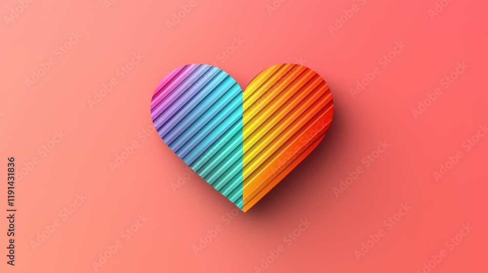 Poster colorful heart shape with striped texture on a soft pink background for creative projects and design