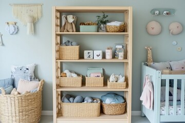 Fototapeta premium Stylish nursery with organized shelves, soft colors, and cozy de