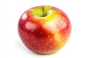Shiny red apple with vibrant green hues, showcasing fresh, juicy