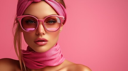 Pink Paradise: A Stunning Portrait of a Woman in Stylish Sunglasses and Headscarf