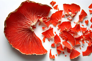 Fototapeta premium Bright Red Mushroom Cap and Shattered Pieces on Clean White Background