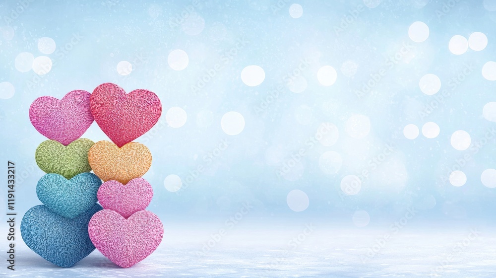 Poster colorful heart shapes stacked on a soft blue background with sparkling bokeh effect for romantic the
