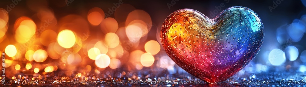 Poster colorful heart shaped object with water drops on a glittering surface and bokeh lights in the backgr
