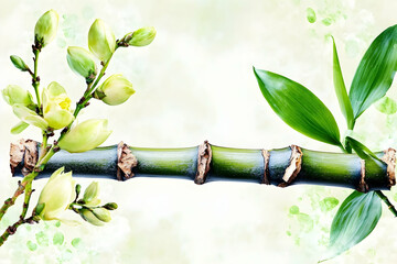 Serene bamboo and blossom branch on white, spa or wellness concept, nature background