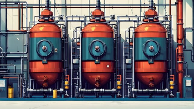 A chemical factory featuring an elastomer and thermoplastic production line, equipped with vats for monomer preparation, polymerization, and a steel pipeline system for delivering components