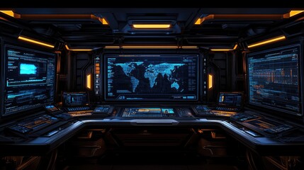 Obraz premium Futuristic Control Room with Digital World Map Display for Global Monitoring