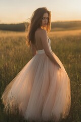 Soft sunlight bathes woman in flowing gown, capturing serene bea