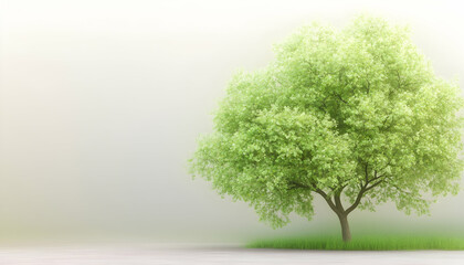 Obraz premium Serene spring tree in misty field; nature, peace, renewal; website banner, eco-design
