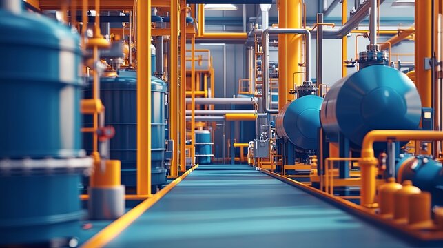 A chemical factory featuring an elastomer and thermoplastic production line, equipped with vats for monomer preparation, polymerization, and a steel pipeline system for delivering components