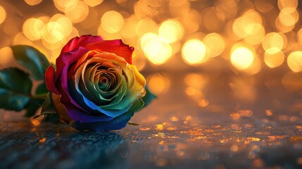 Vibrant Rainbow Rose with Bokeh Background in Warm Tones for Creative and Artistic Imagery
