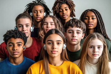 Obraz premium Diverse group of young people wearing headphones, showcasing uni
