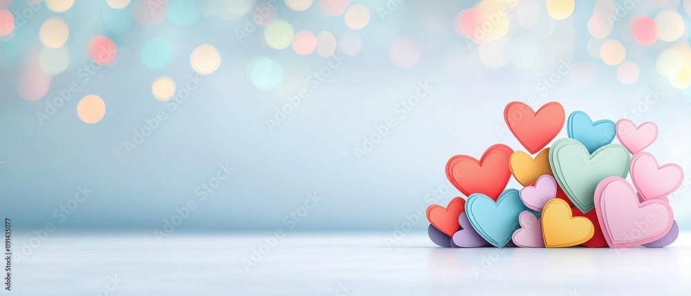 Poster colorful heart shapes stacked on a soft background with bokeh lights for romantic and fun themes