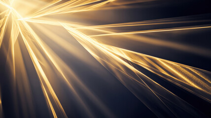 Golden light rays break through abstract black geometric forms, casting a surreal glow and creating a dramatic, otherworldly atmosphere with a blend of light and dark contrasts.
