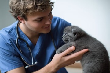 Gentle veterinarian interacts with playful gray kitten in cozy s