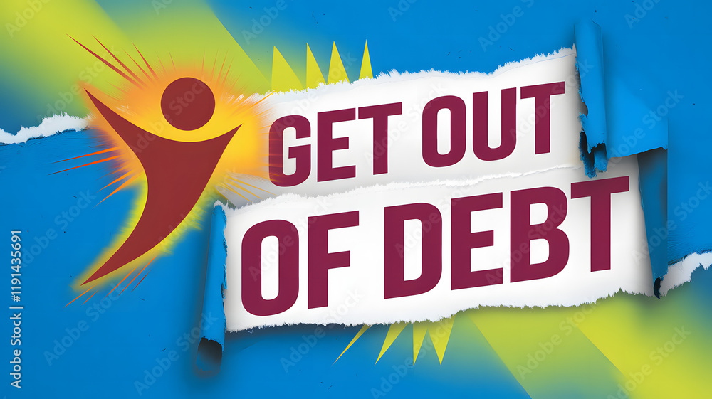 Poster get out of debt text in bold burgundy letters on torn white paper with a glowing dynamic figure and 