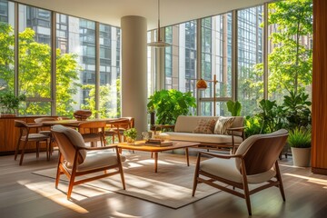 Fototapeta premium Mid-century modern living room with iconic furniture, warm wood tones, and floor-to-ceiling windows showcasing outdoor greenery