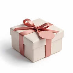 Obraz premium 3D minimalist gift box with heart-shaped tag tied with a silk ribbon, isolated on a white background