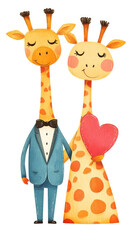 Naklejka premium Cute cartoon giraffes in wedding attire holding heart, symbolizing love