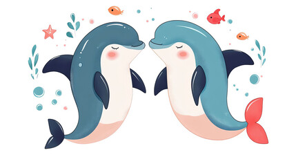 Obraz premium Cute dolphins swimming together in colorful underwater scene with fish and plants