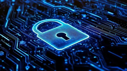 Close-up of a padlock icon surrounded by warning symbols and glitch effects on a digital interface, dark background with glowing blue data lines