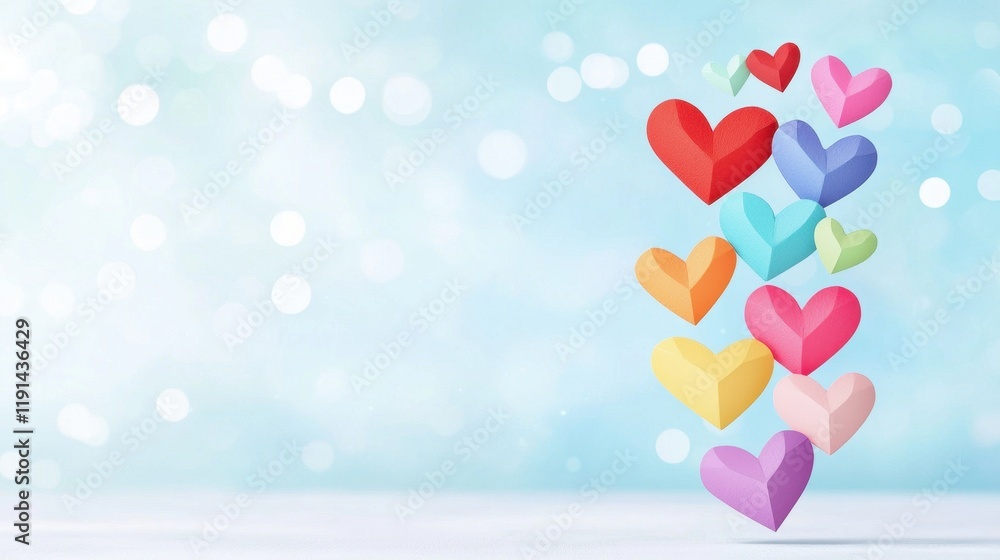 Poster colorful 3d hearts floating against soft blue background with sparkling bokeh effects for love and r
