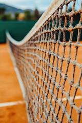 Obraz premium Tennis net stretches across clay court, showcasing intricate kno