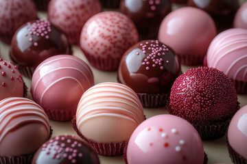 Fototapeta premium Delectable Chocolate Truffles in Vibrant Pastel Colors, heart shape, Valentine's day, Valentine's day card, background