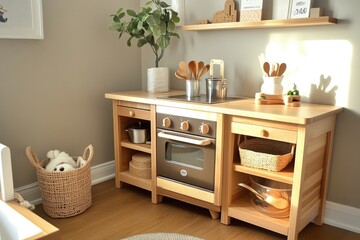 Cozy kitchen corner features wooden furniture, plants, and styli