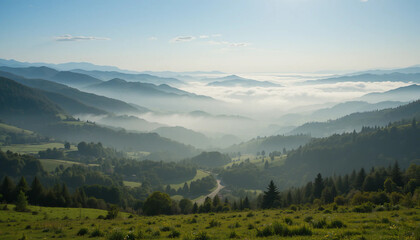 Fototapeta premium Early morning fog is slowly rising. Creating a breathtaking view of the valley nestled between rolling hills covered in lush green vegetation and coniferous forests. Illuminated by the soft sunlight.