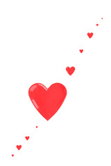 A diagonal line of red hearts of different sizes, with a larger heart in the middle. Concept of love and affection, as all the hearts are arranged in a row. Illustration.