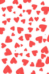 Illustration of a background with a pattern of red hearts of different sizes and orientation. The pattern of hearts is very intricate, messy. Love concept.