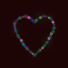 Illustration of a heart shape made of many small geometric shapes of different colors. Concept of love and affection. Black background.