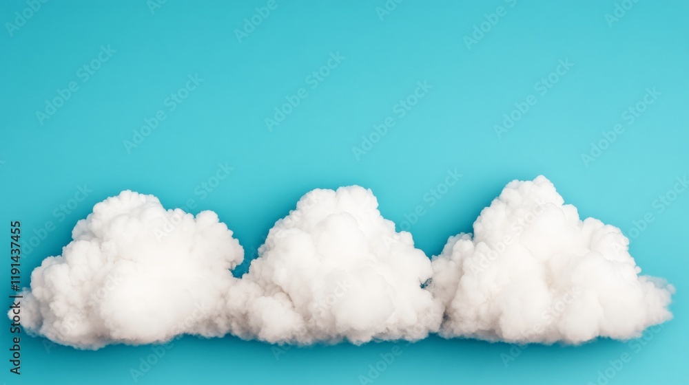 Poster three fluffy clouds on blue: three fluffy white clouds arranged in a row against a vibrant blue back