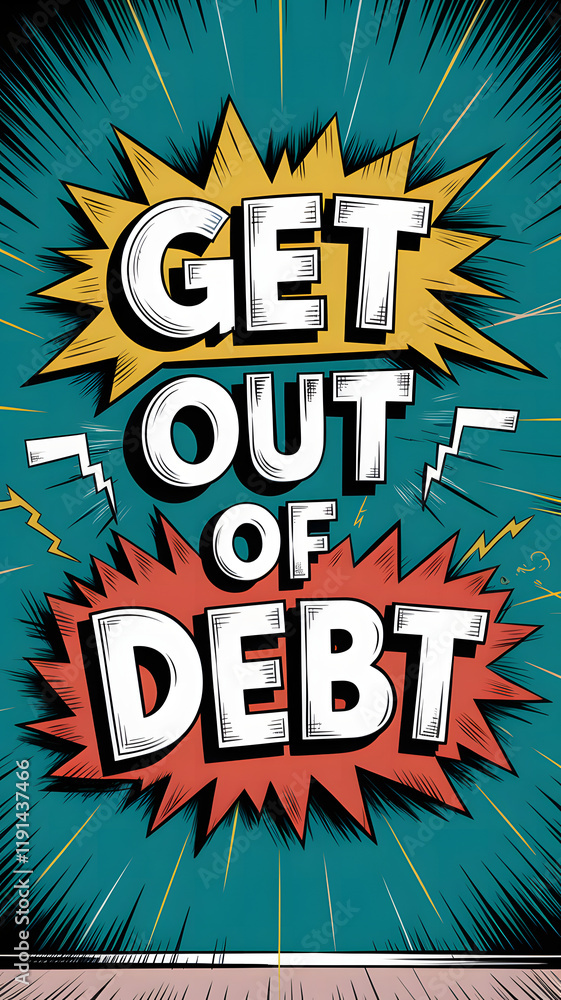Poster get out of debt text in a vibrant comic-style with layered red and yellow explosions, teal backgroun