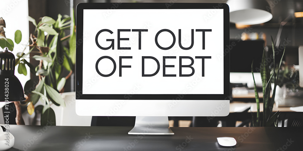 Poster get out of debt text displayed on a desktop computer screen in a modern office setting with plants a