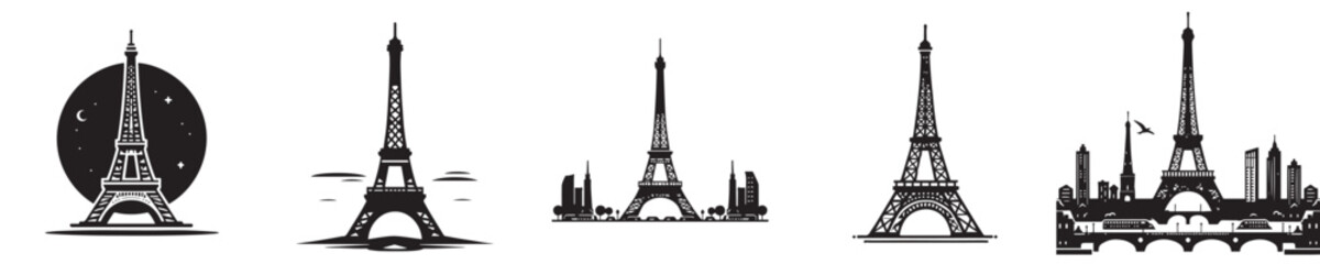 vector set of eiffel tower silhouette icons