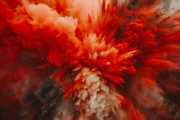 Dramatic Red Explosion with Smoke Clouds and Dust Particles, Abstract Art Scene with Fiery Burst and Intense Color