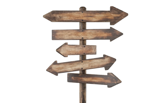 Directional signpost with multiple blank arrows isolated on white or transparent background