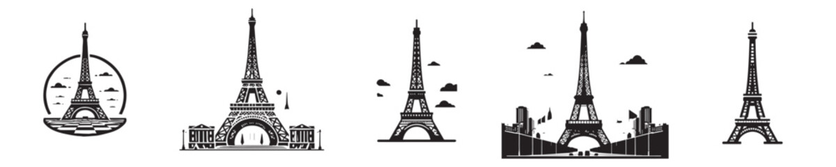 Obraz premium vector set of eiffel tower silhouette icons