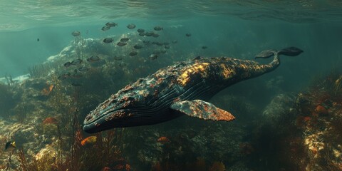 Obraz premium Majestic Whale Swimming Gracefully Through Vibrant Underwater Landscape in Crystal Clear Waters