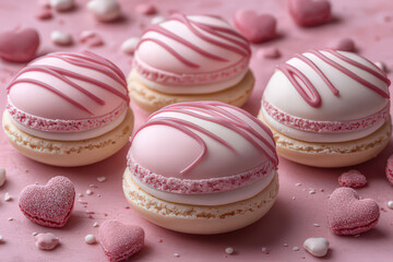 Fototapeta premium Delicate Pink Macarons with Heart Decorations, Valentine's Day Card