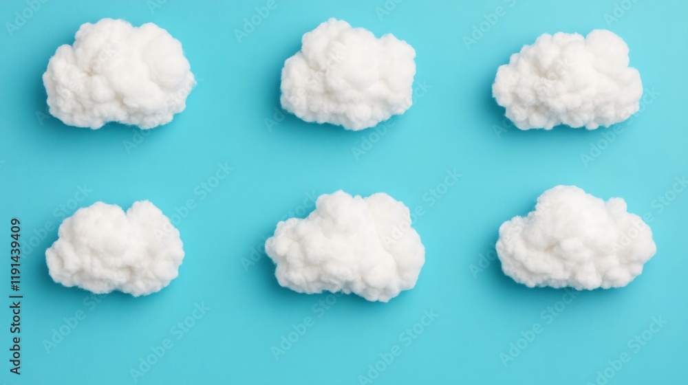 Poster cloud nine: six fluffy white clouds arranged in a grid pattern against a vibrant blue background, cr